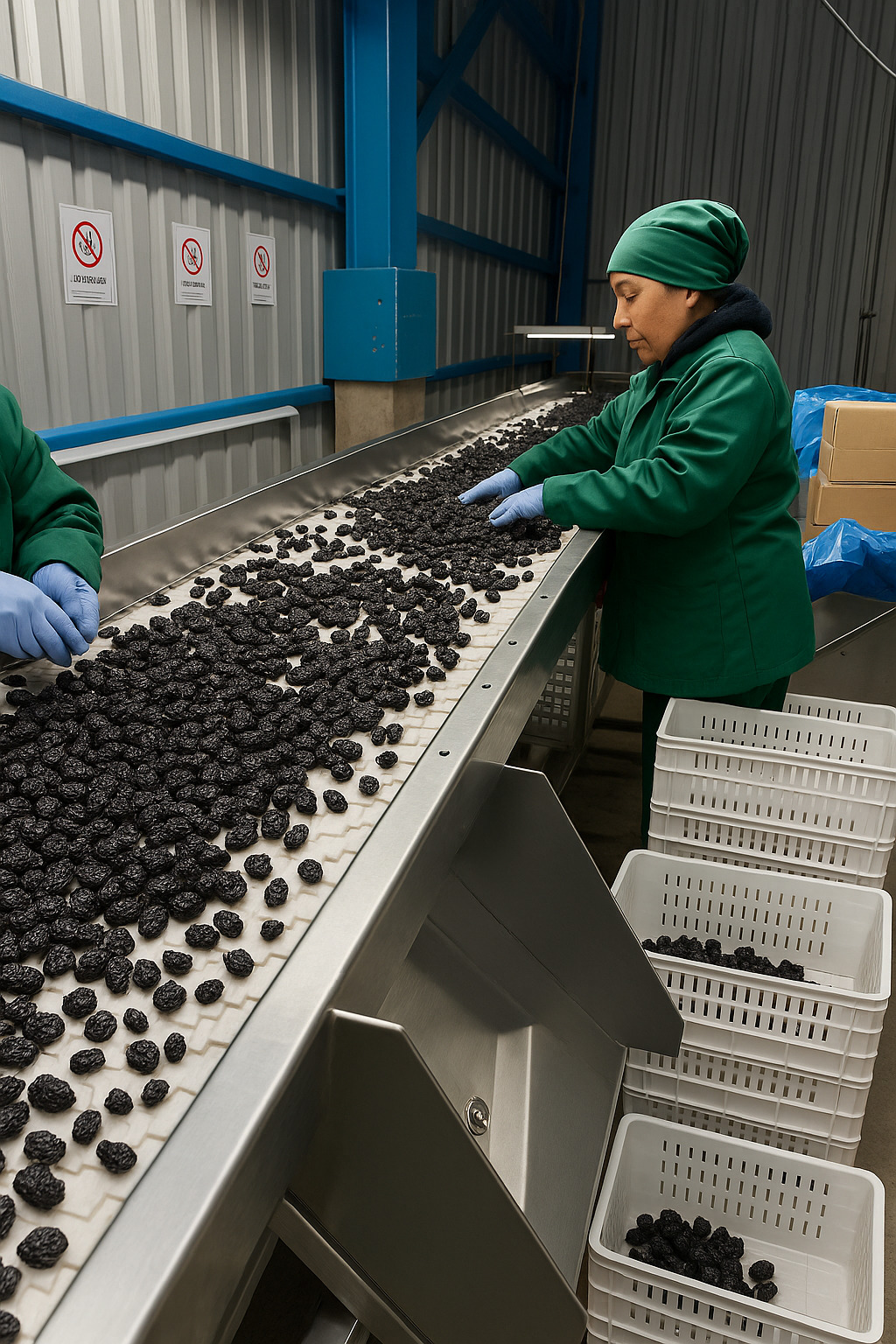 Personal de planta Agracom manipulando caja de productos
